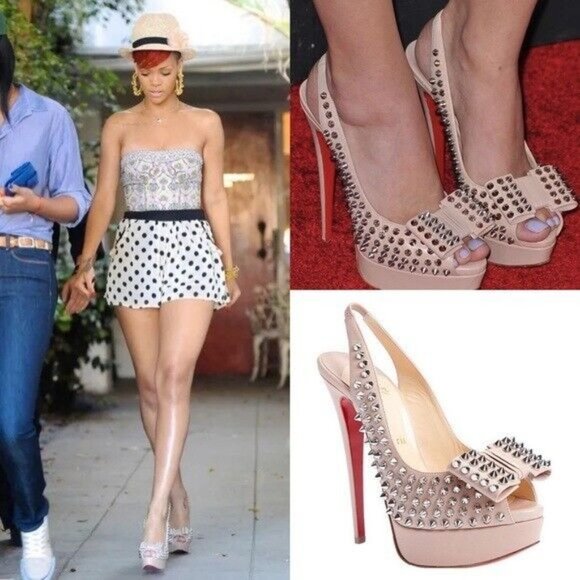 Louboutin Nude Leather Clou Spikes Studded Designer Platform Slingbacks Pumps 37 - Picture 13 of 13